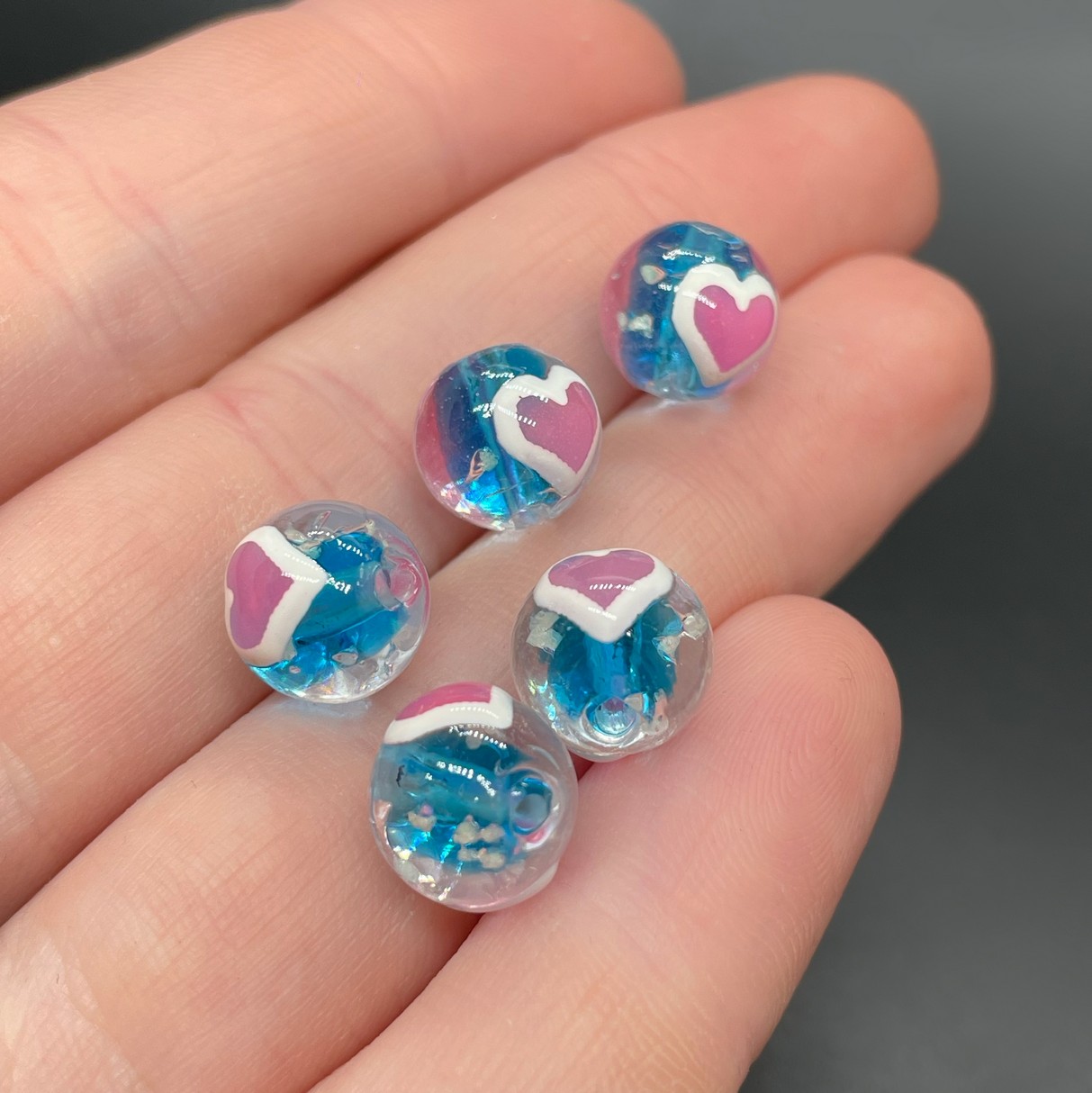 10 мм, Стекло бусина шар голубой розовое сердце уп.5шт