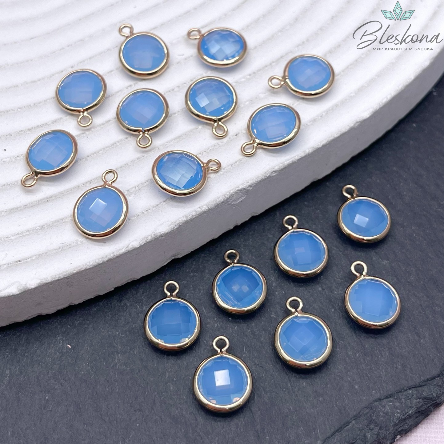 9 мм, Подвеска круг голубой , цвет золото