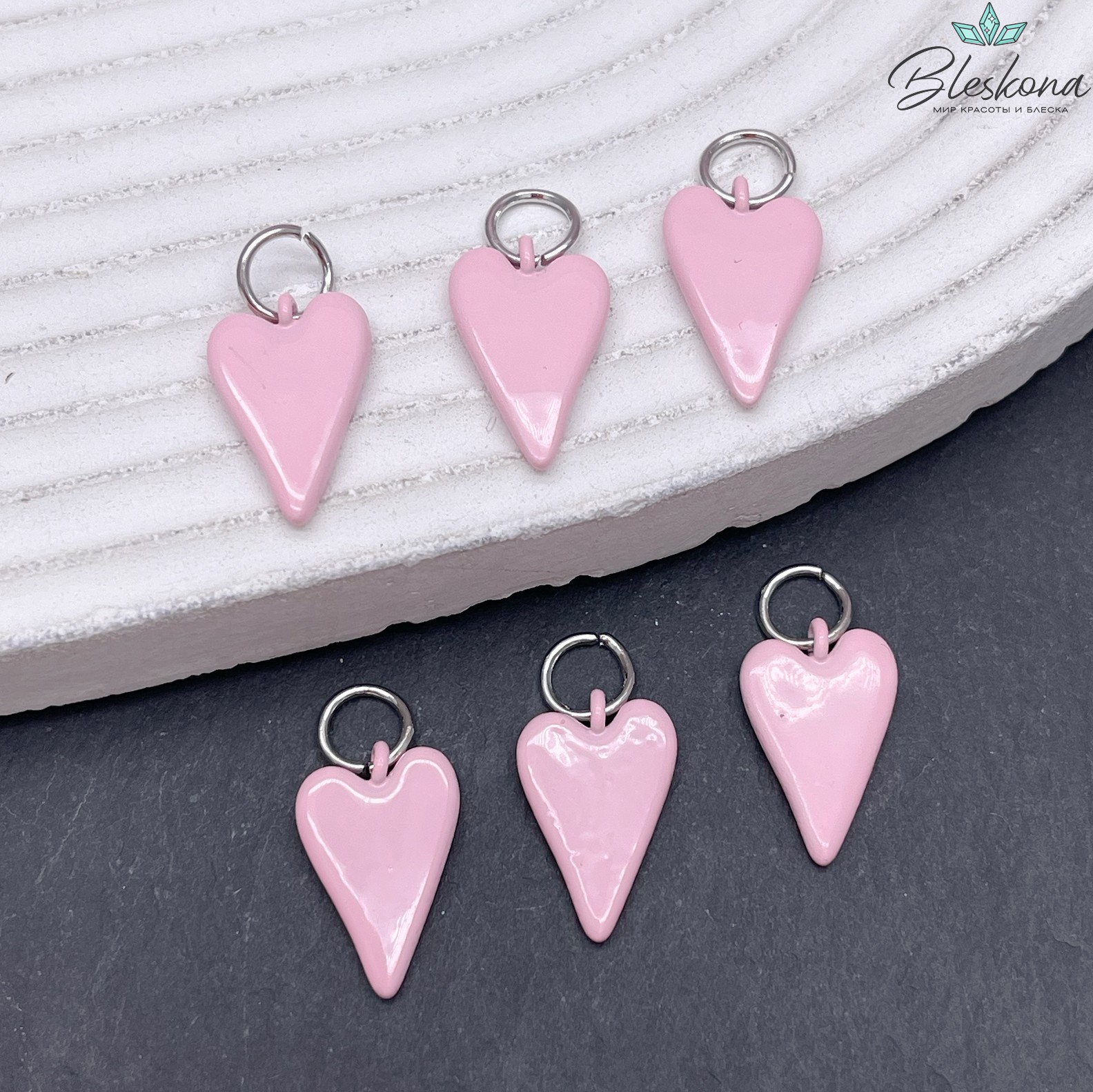15,5*10 мм, Цвет серебро, Подвеска сердце розовая эмаль