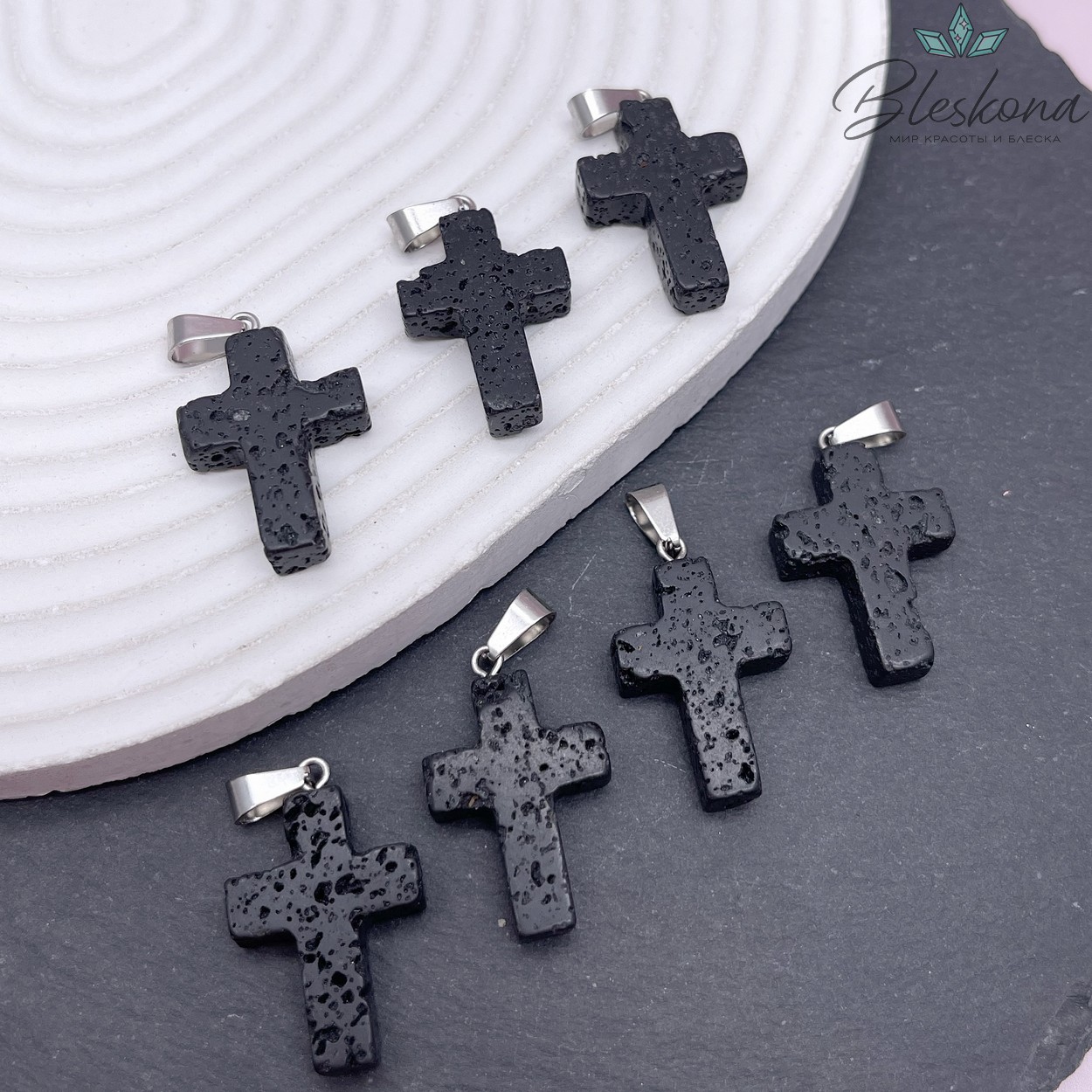 Подвеска крест Вулканическая Лава, цвет серебро 25*18 мм