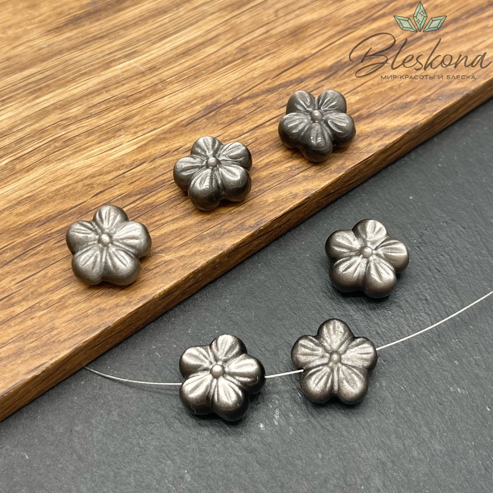 Резная бусина Цветок Обсидиан серебристый 14,5 мм