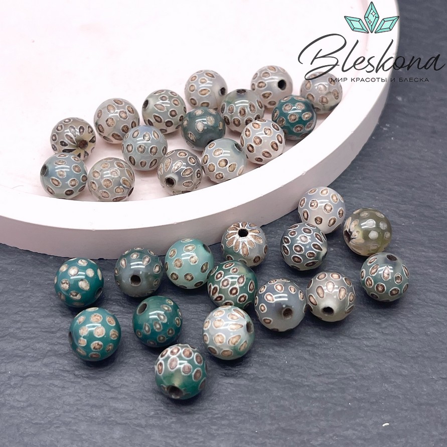 Бусина Дзи точки зелено-коричневый шар 8 мм уп.15 шт.