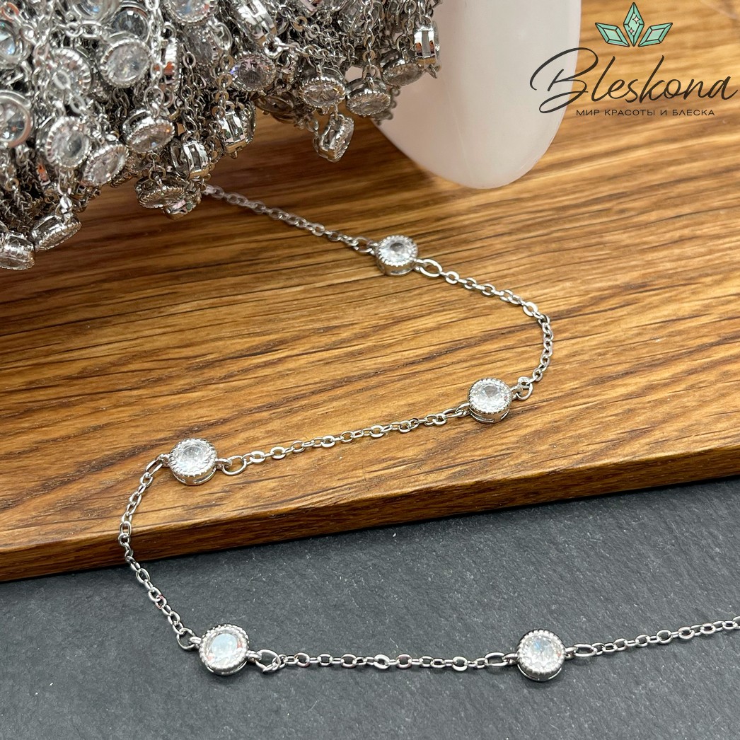 Цепь №202 цвет серебро, циркон 6 мм
