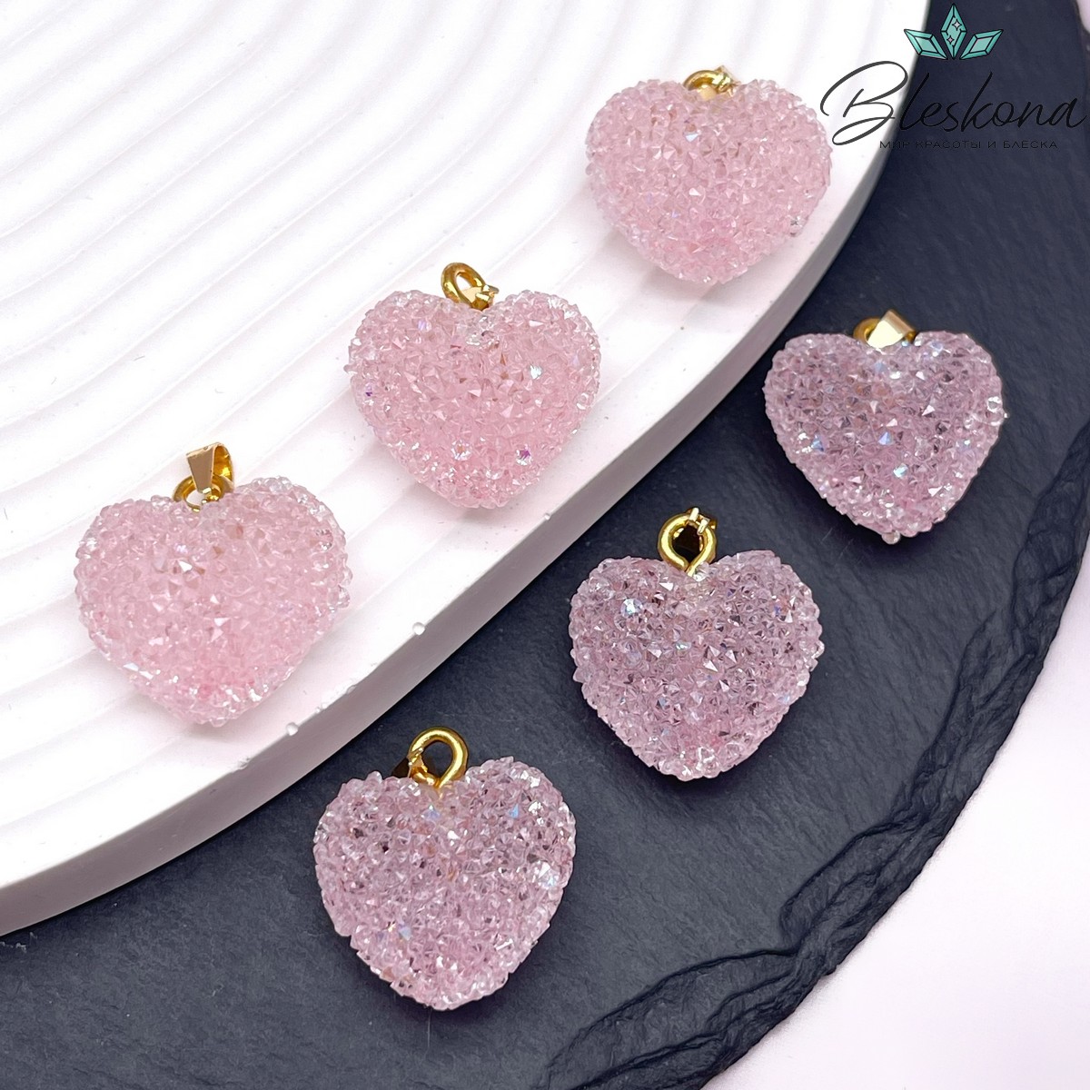 19*20 мм, Цвет золото, Подвеска мармеладное сердце розовое
