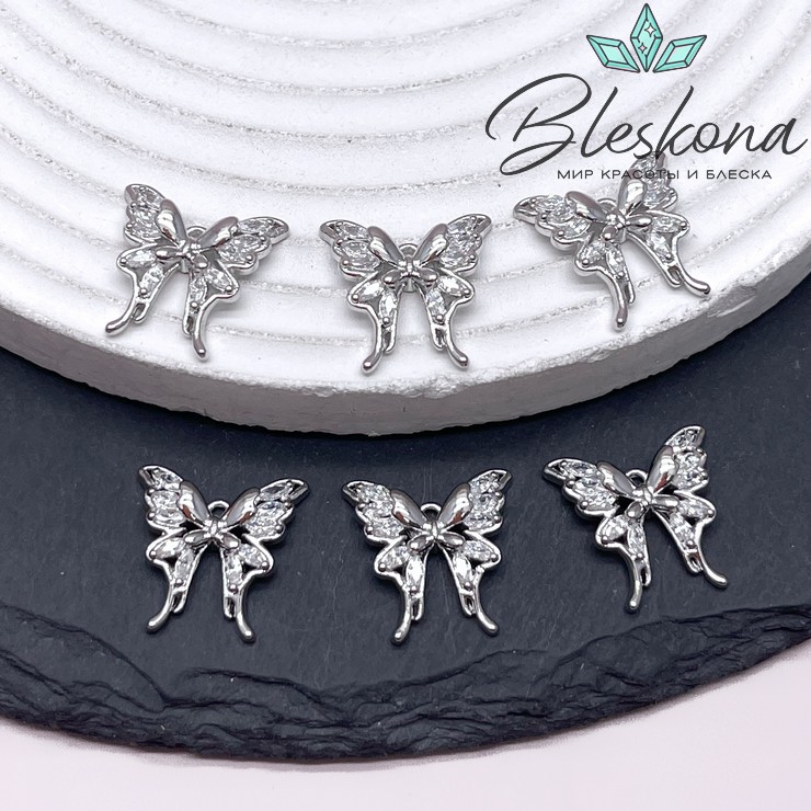 15,6*16 мм Цвет серебро, Подвеска Бабочка цирконы