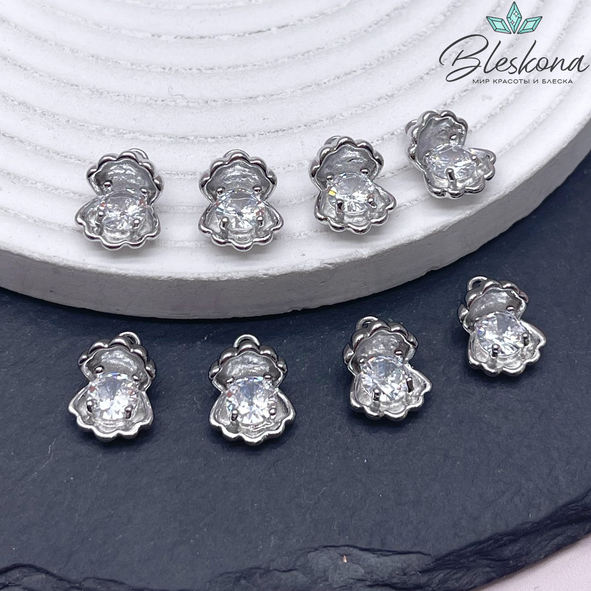 14*10 мм Цвет серебро, Подвеска Ракушка с цирконом 