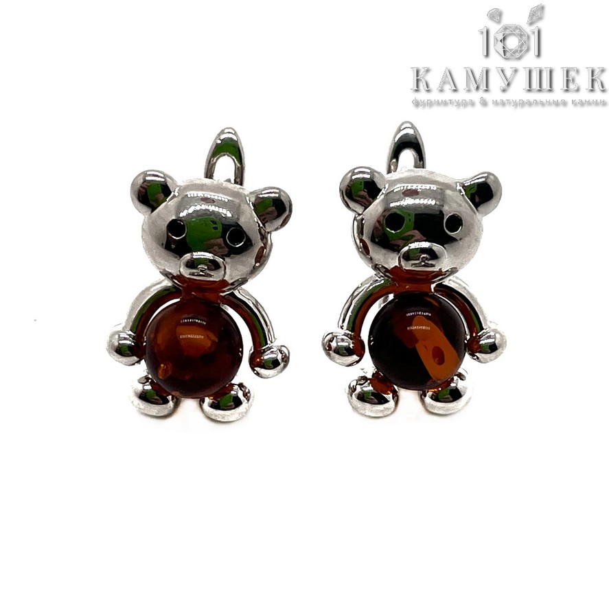 Швензы Мишка темный янтарь, цвет серебро 12*16,5мм