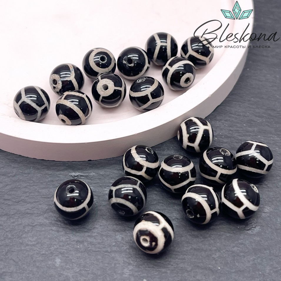 Бусина Дзи Черепаха черно-белый шар 10 мм уп.10 шт.