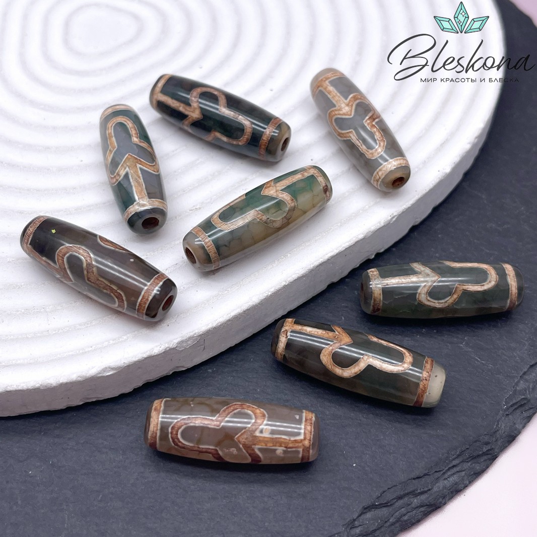Бусина Дзи Бодха зелено-коричневый бочонок 30*11 мм