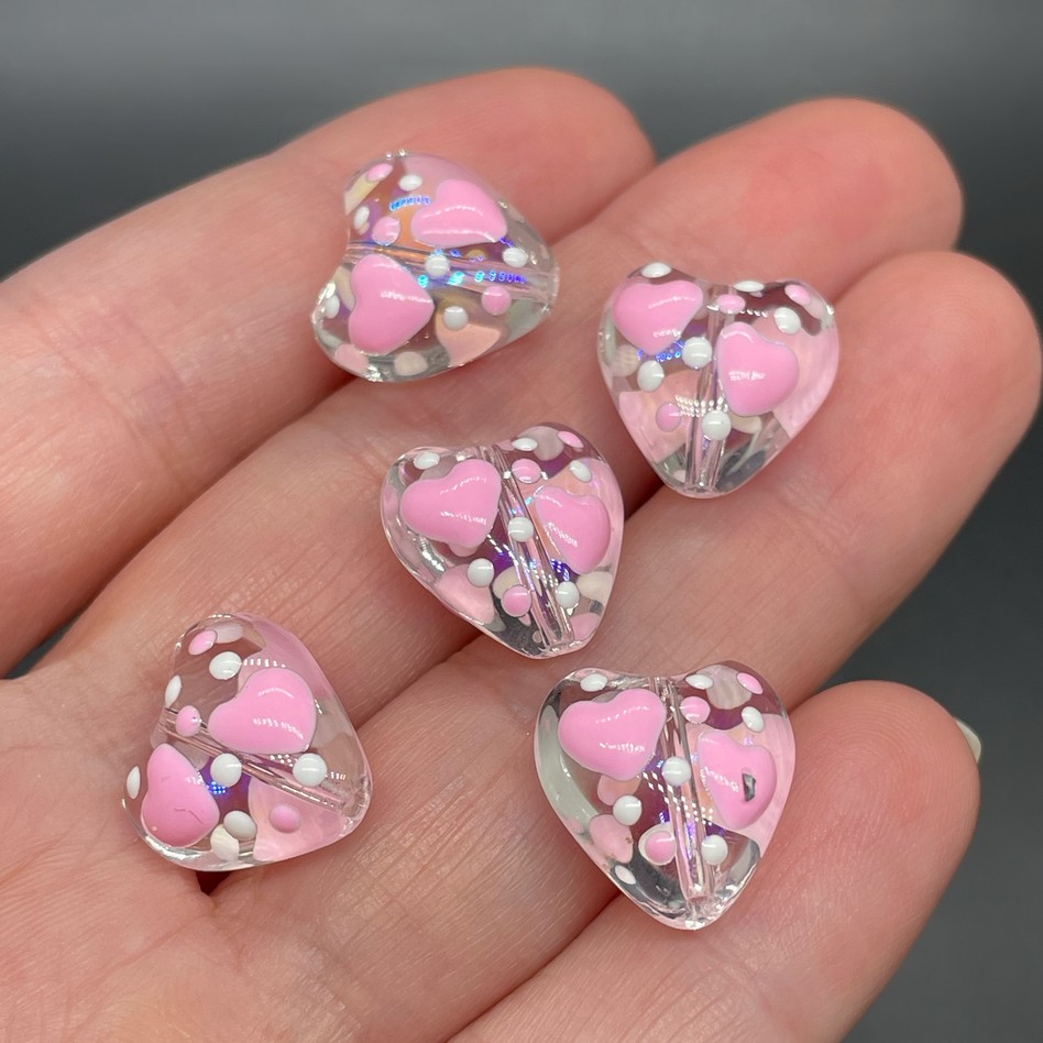 13,5 мм, Стекло бусина сердце с розовыми сердечками  уп.5 шт