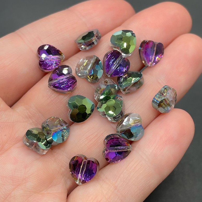 8 мм, Стекло Lux бусина сердце огр,фиолетово-зеленое уп.10шт