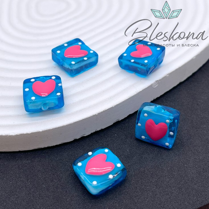 15 мм Бусина квадрат прозрачно- голубой сердце