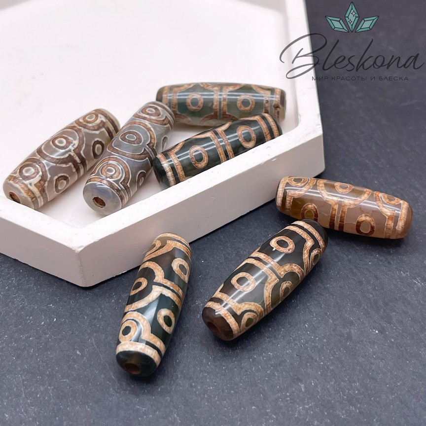 Бусина Дзи 10 глаз зелено - коричневый бочонок 30*11 мм