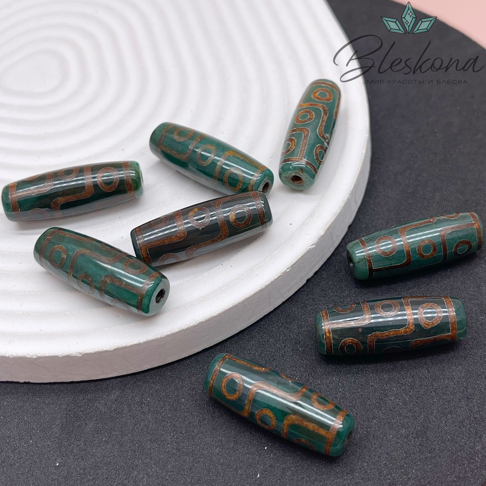 Бусина Дзи 9 глаз темно-зеленый бочонок 30*11 мм
