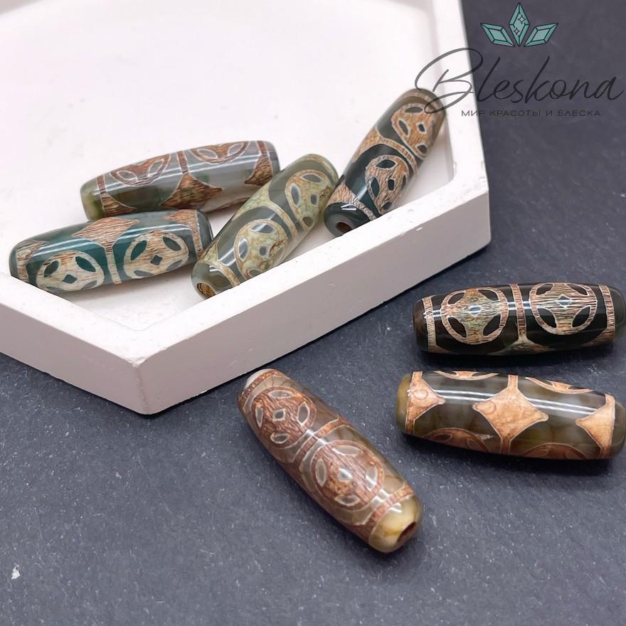 Бусина Дзи 4 монеты зелено-коричневый бочонок 30*11 мм