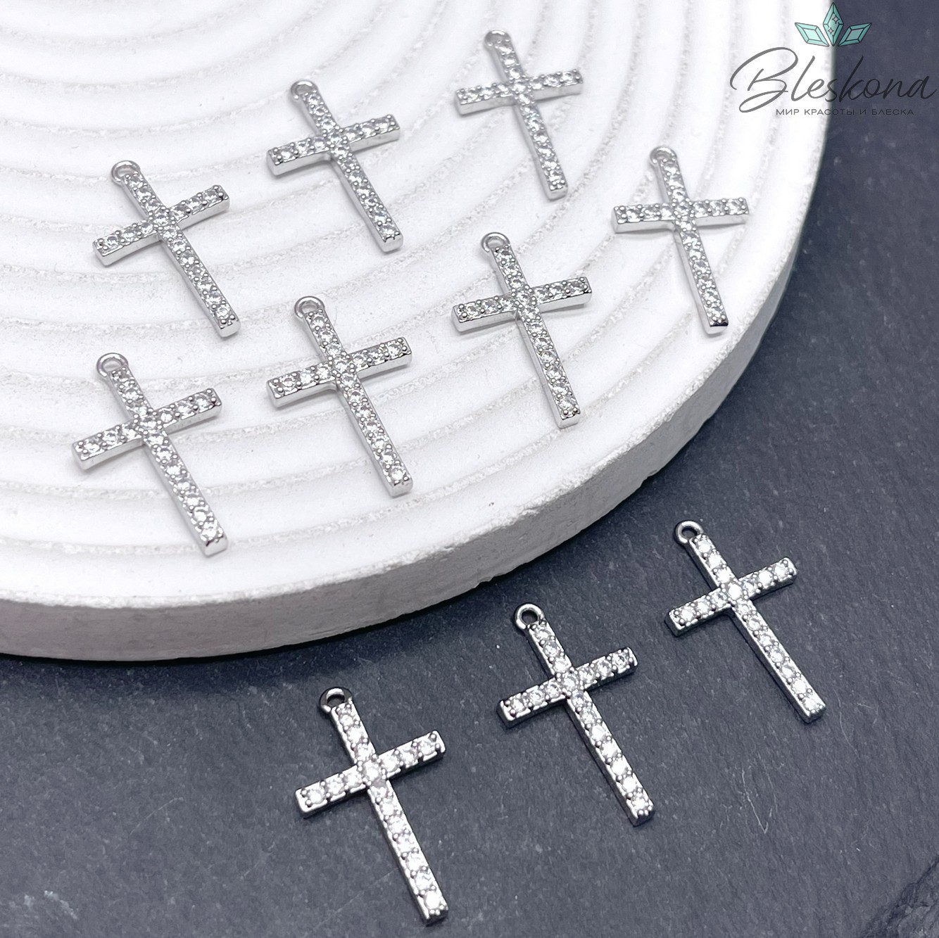 21*12,5 мм Цвет серебро, Подвеска Крест цирконы