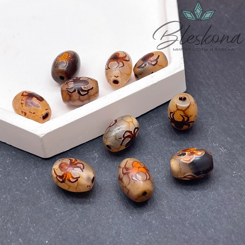 Бусина Дзи Паук и Сау серо-коричневый бочонок 10*14 мм