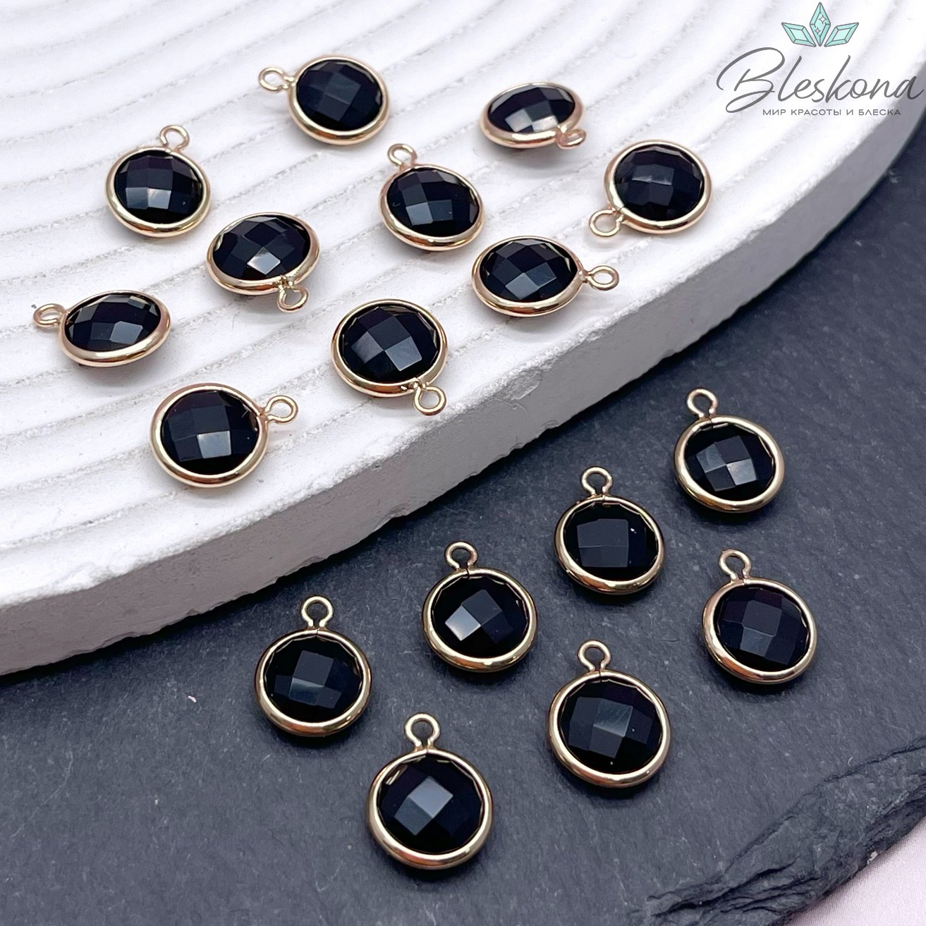 9 мм, Подвеска круг черный , цвет золото