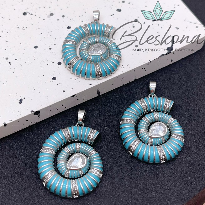29,5*24 мм Цвет серебро, Подвеска ракушка улитка бирюзовая с цирконом
