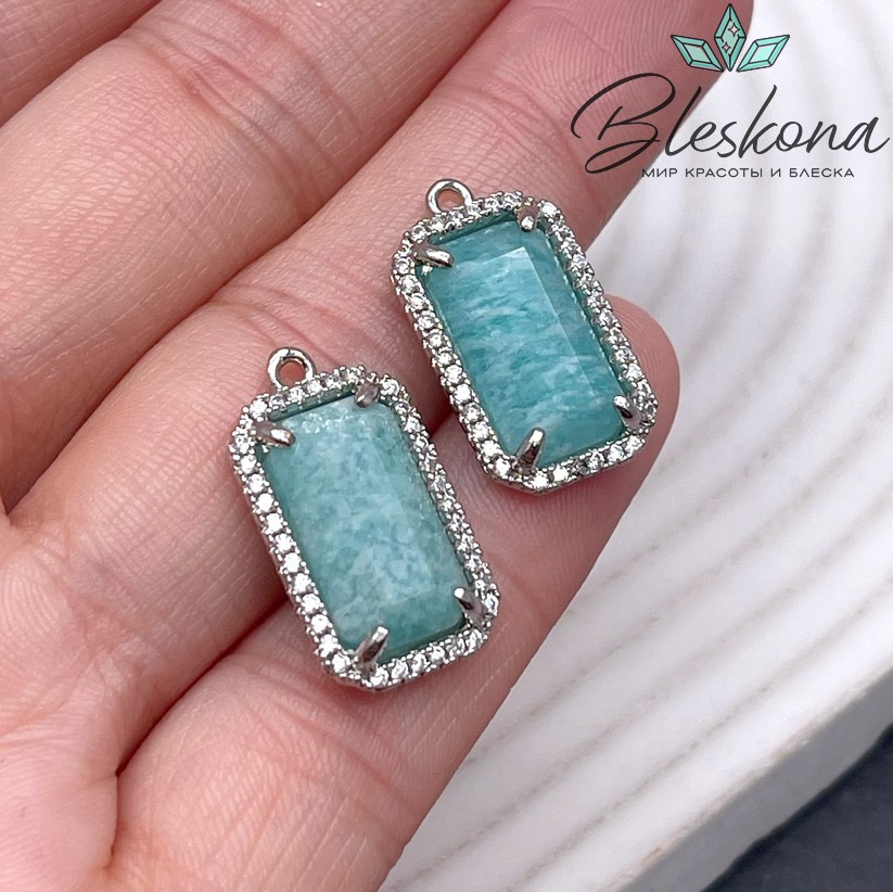 12*21мм, цвет серебро ,Подвеска Прямоугольник Амазонит в обрамлении цирконы