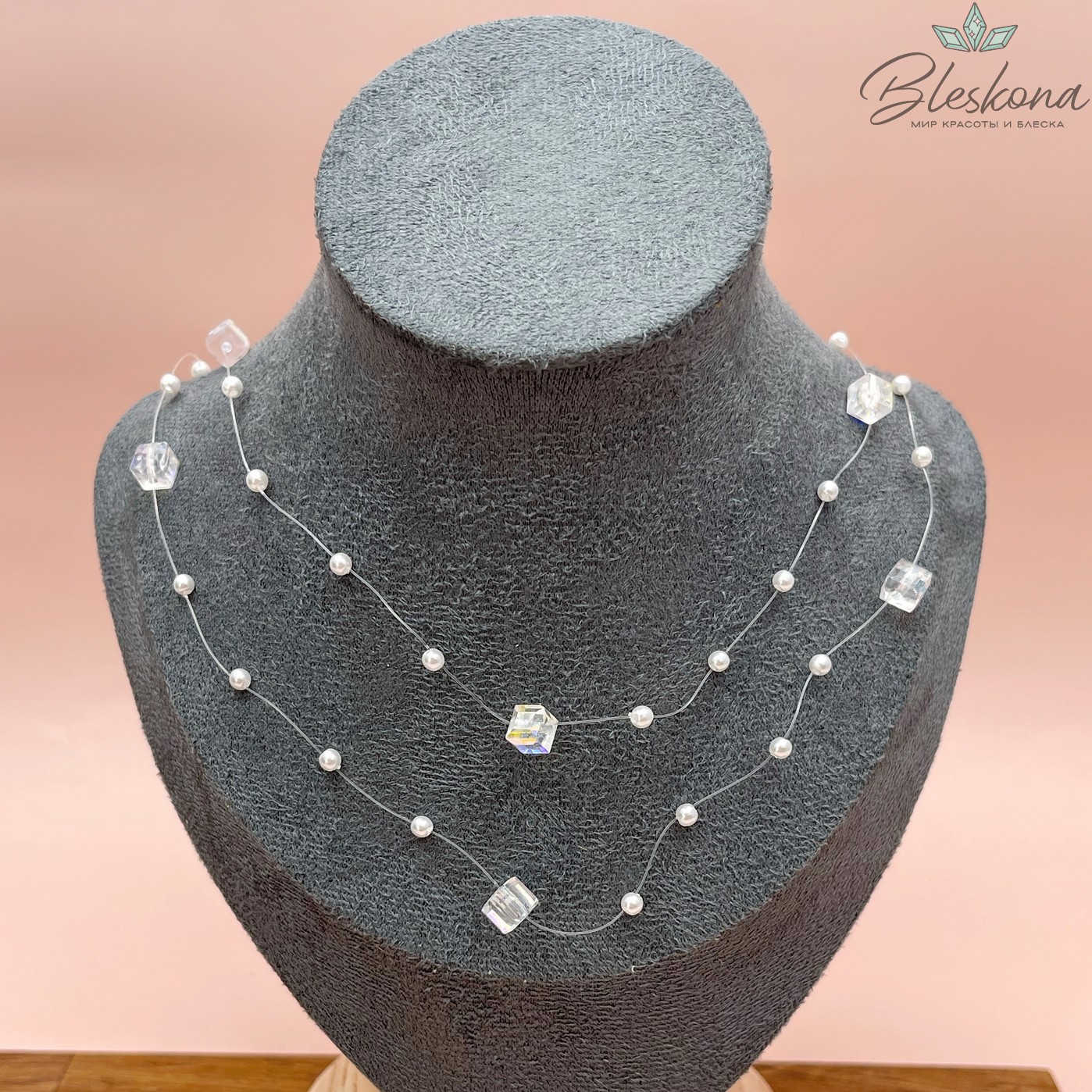 Основа для колье 1 м на леске чешское стекло куб и имитация жемчуга