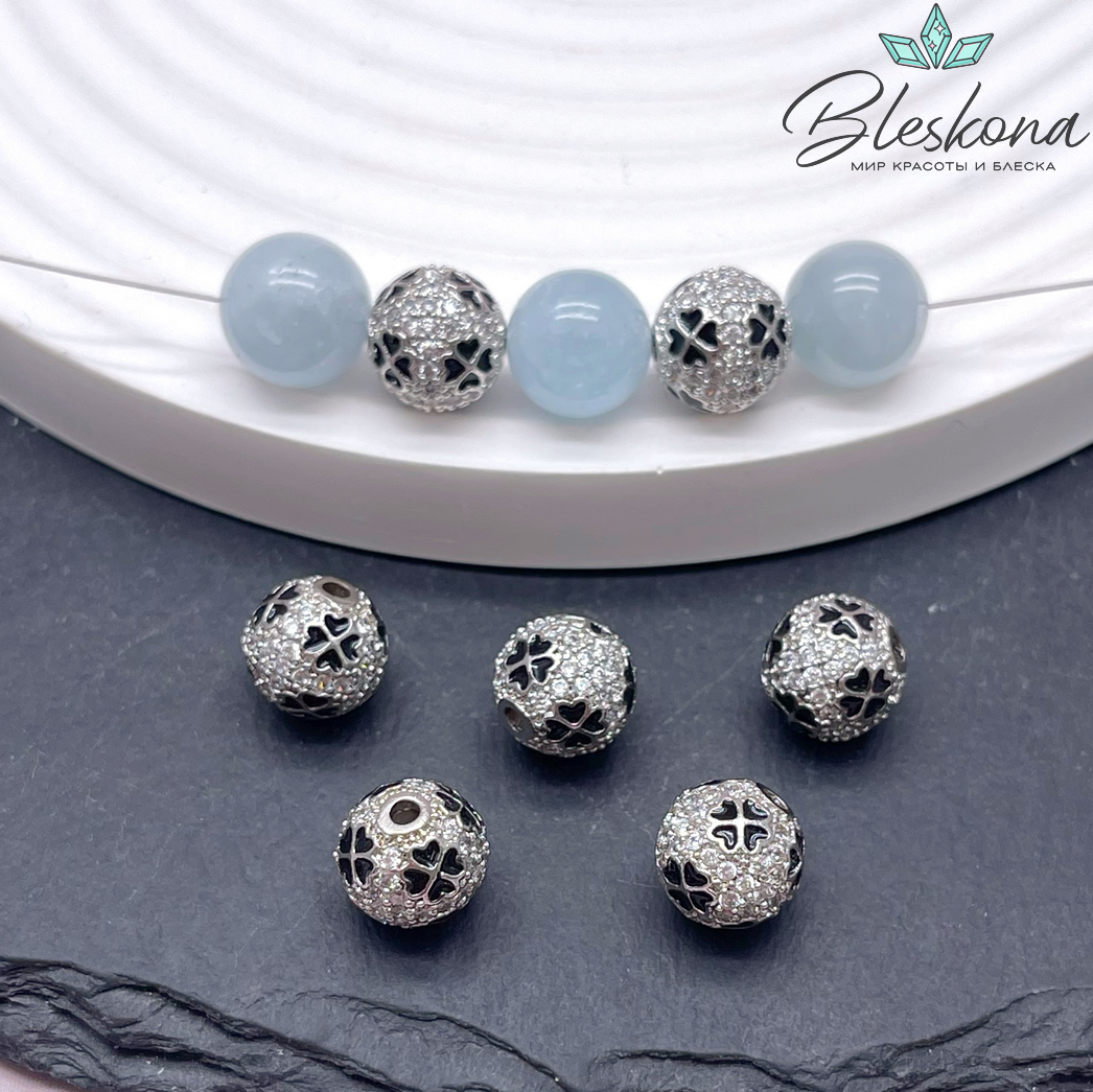 9,5 мм Цвет серебро, Бусина шар клевер цирконы черная эмаль