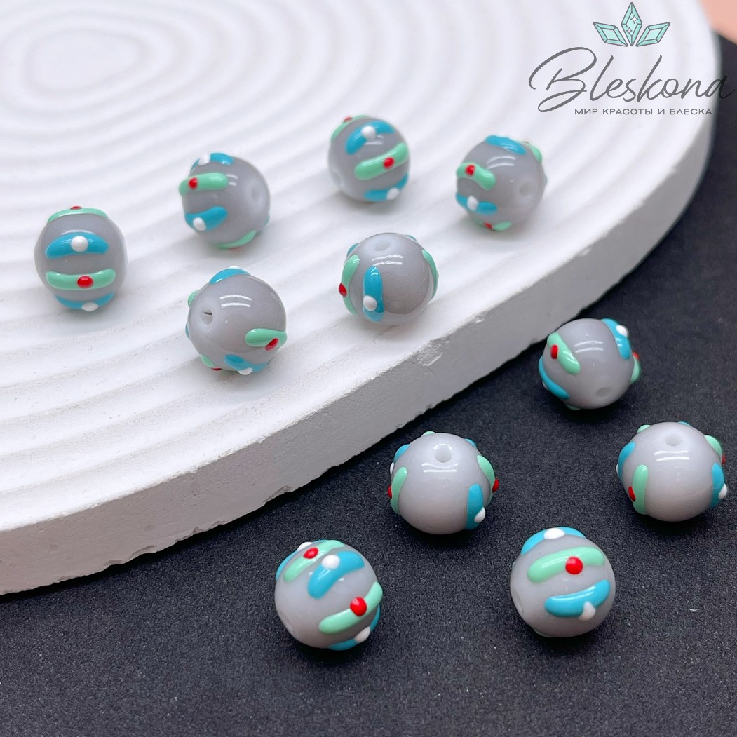 10 мм Бусина шар серый полоски