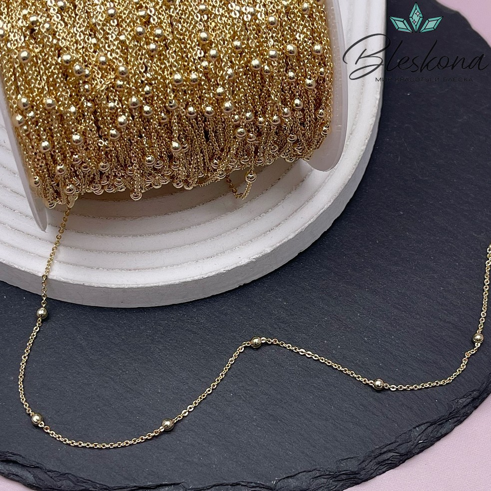 Цепь №77-1 цвет золото, бусина 2*1 мм Люкс