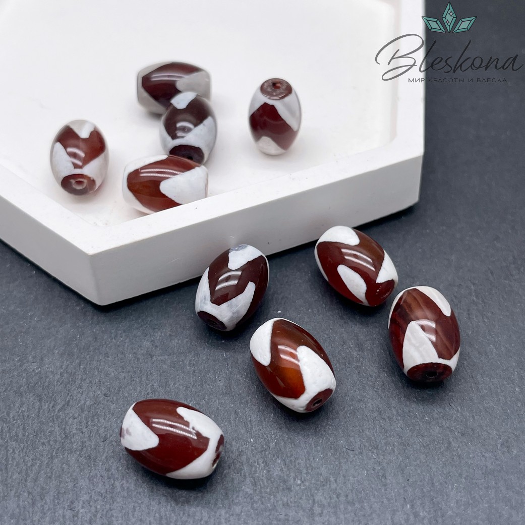 Бусина Дзи Тигриный клык бело-коричневый бочонок 10*14 мм