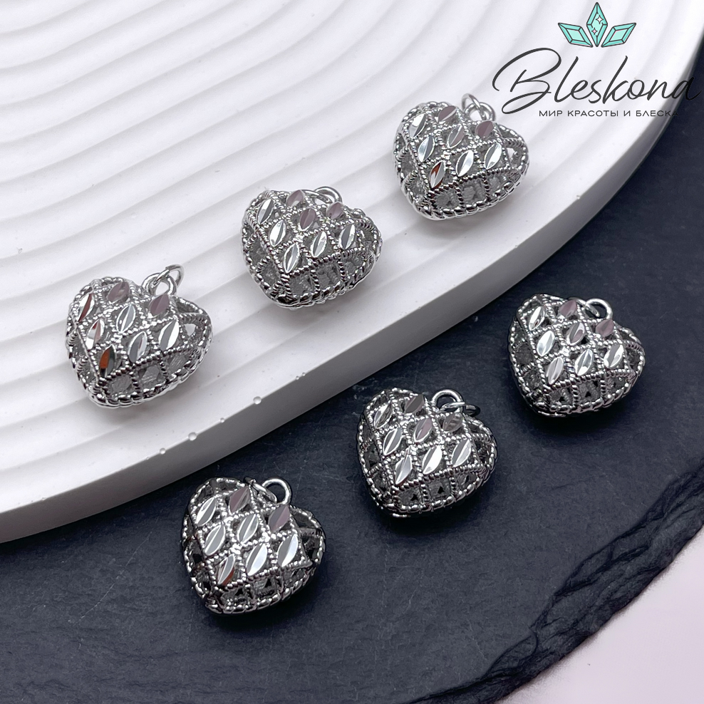 16,2*16 мм, цвет серебро, Подвеска сердце объемное ромбики