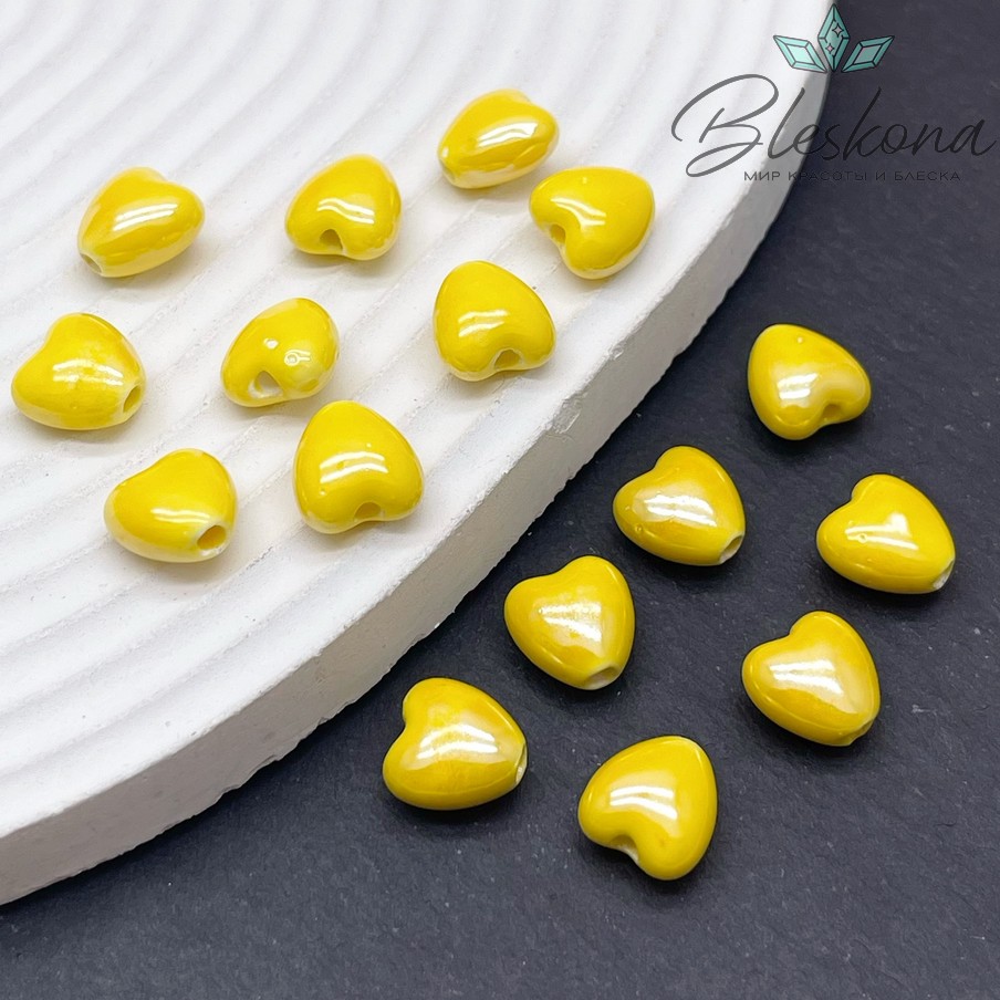 10 мм Бусина сердце, керамика цвет желтый