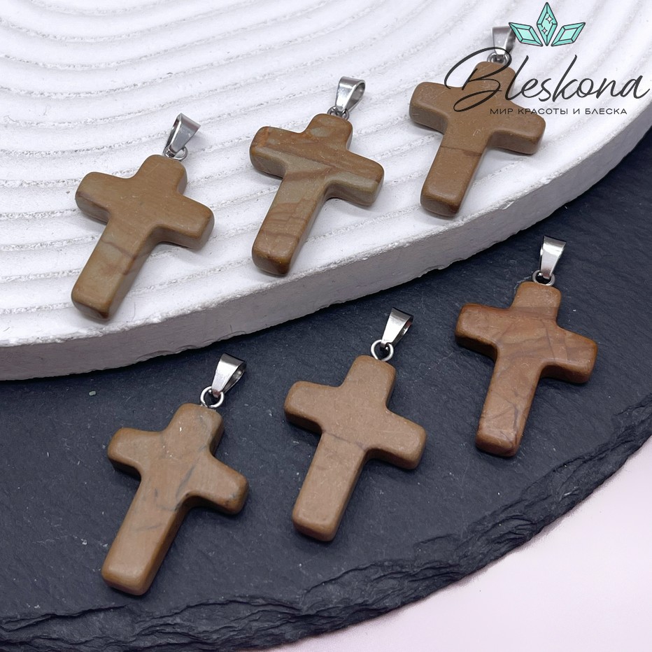 Подвеска крест Яшма пейзажная, цвет серебро 28*18 мм