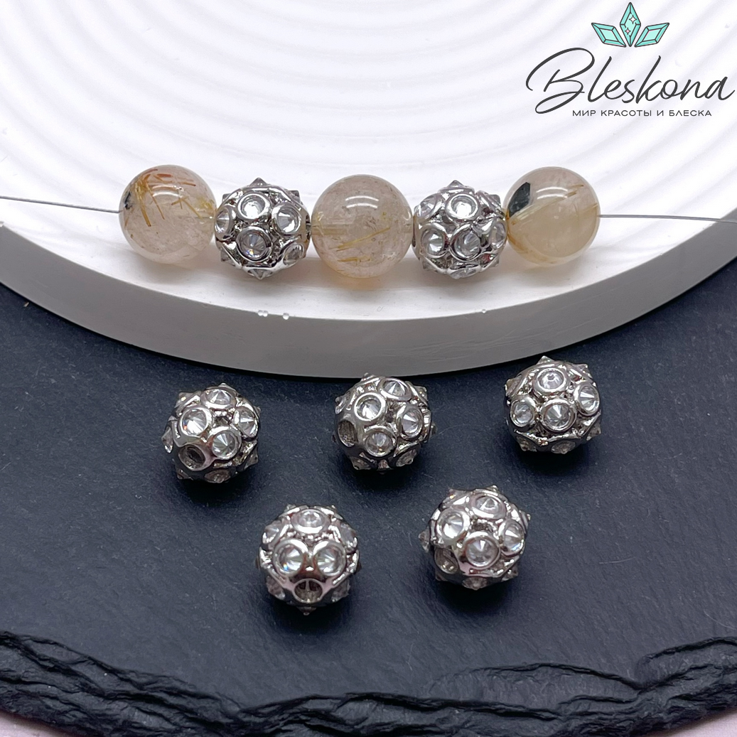 10,5 мм Цвет серебро, Бусина шар цирконы