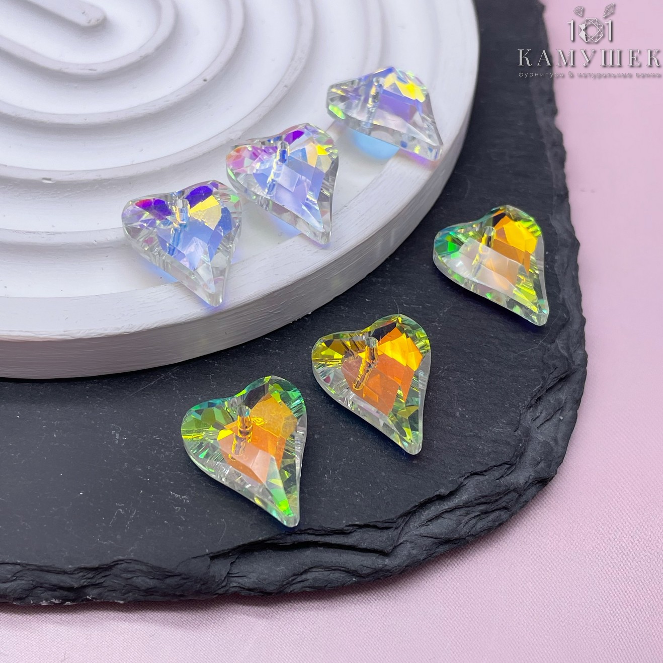 17,5*14,5 мм, Подвеска сердце стекло белое с переливом (AB) уп. 2 шт