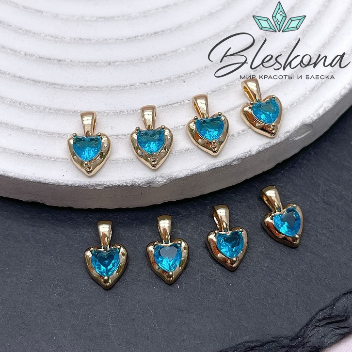 12*8 мм Цвет золото, Подвеска Сердце голубой циркон