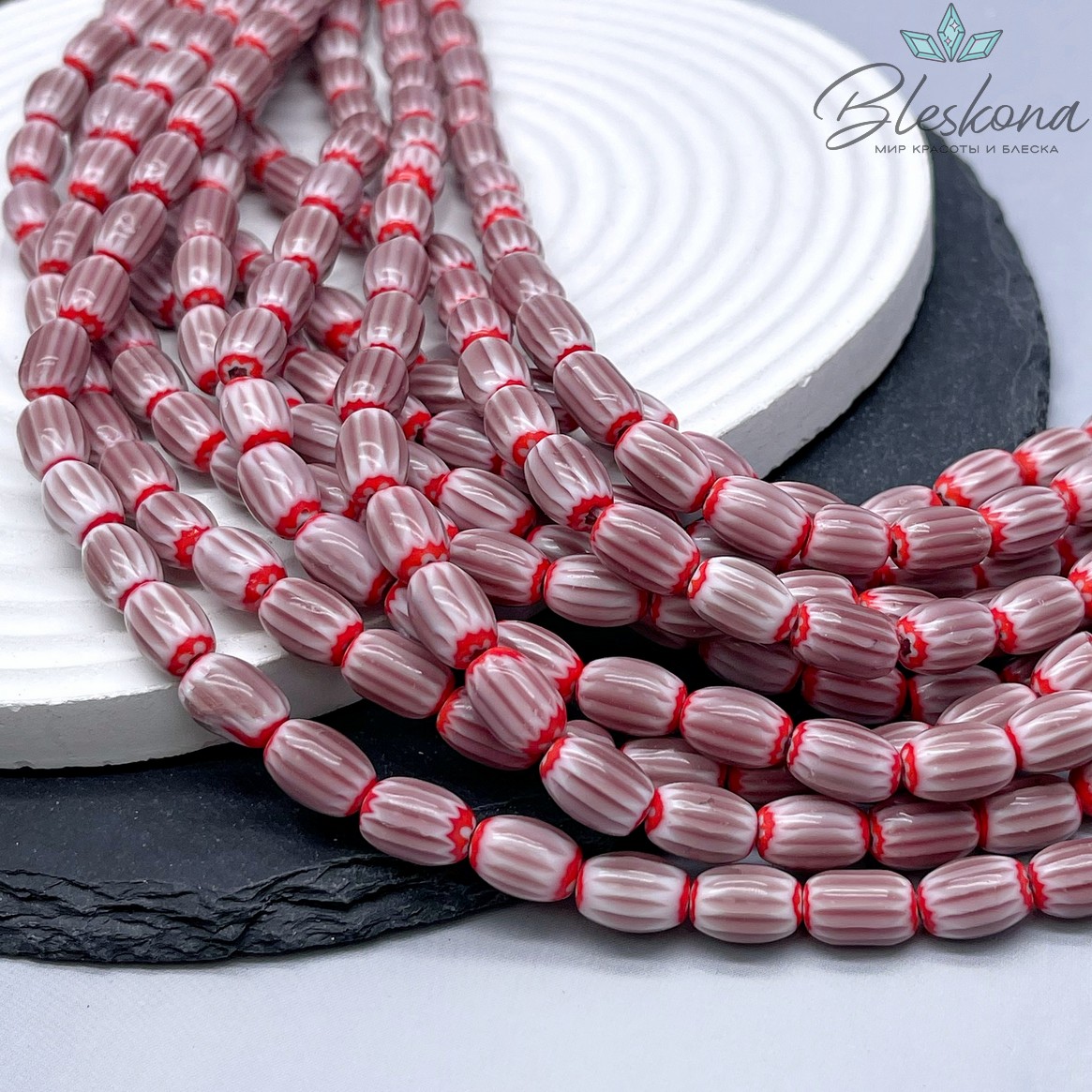 Муранское стекло бочата красно- лиловые, полосы 11*8 мм