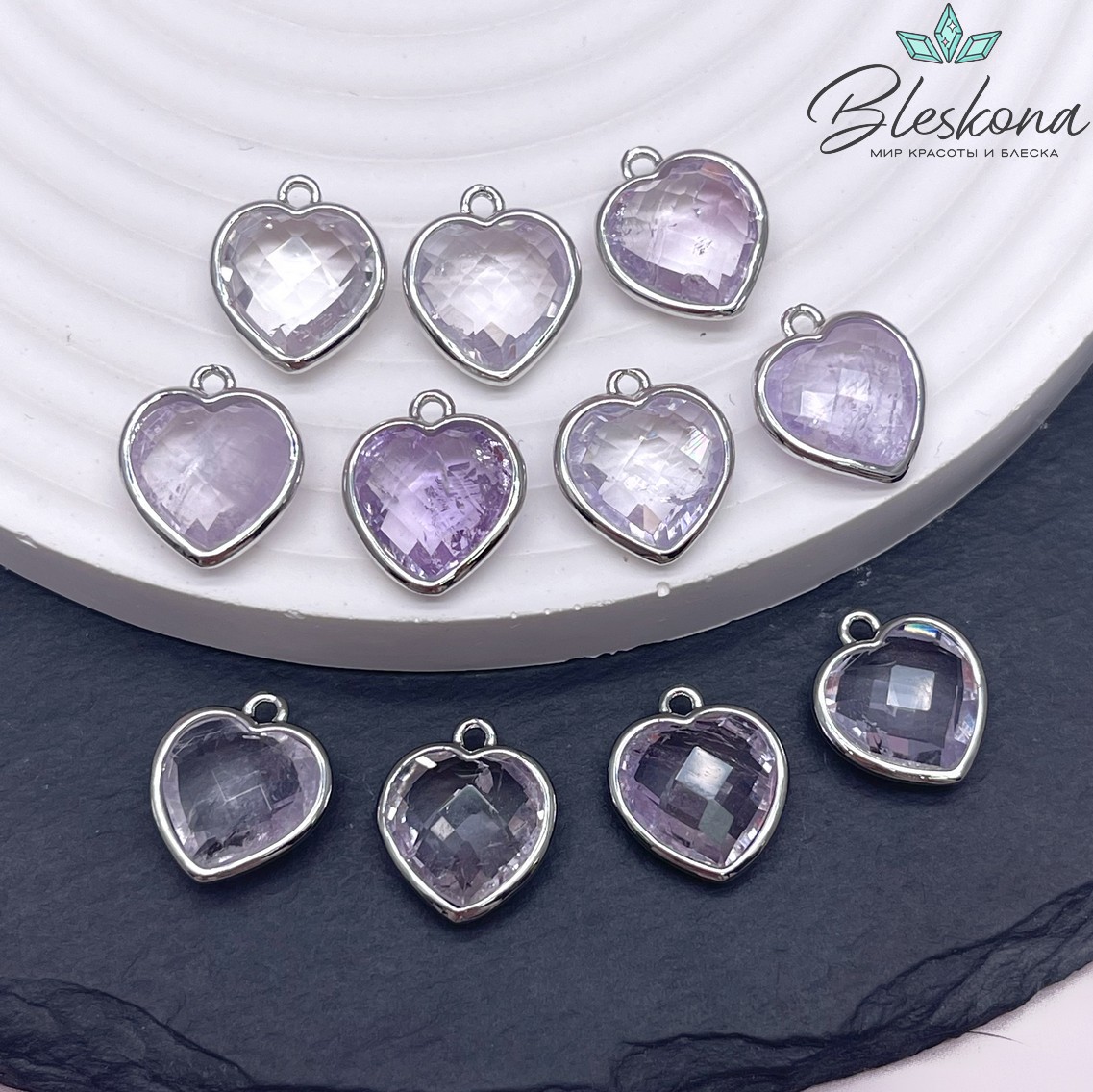 13*15мм,Цвет серебро,Подвеска Сердце Лавандовый Аметист огранка