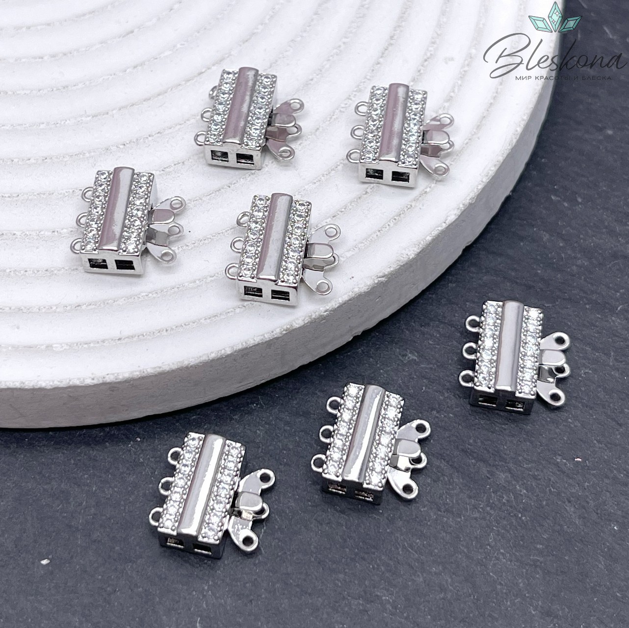 12,5*12мм Цвет серебро, Замок защелка прямоуг-к цирконы