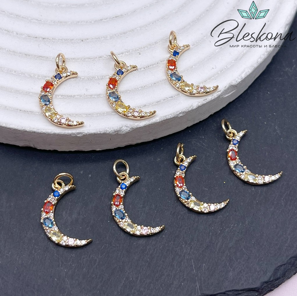 17,5*10 мм Цвет золото, Подвеска полумесяц цветные цирконы