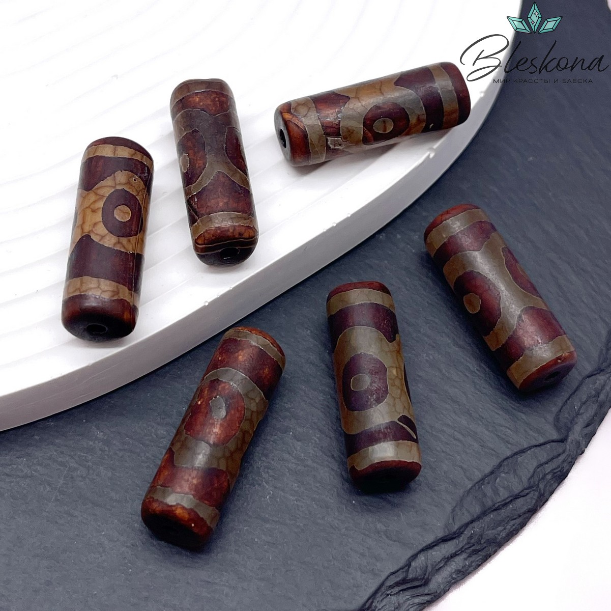 Бусина Дзи 3 глаза коричневый бочонок 30*11 мм