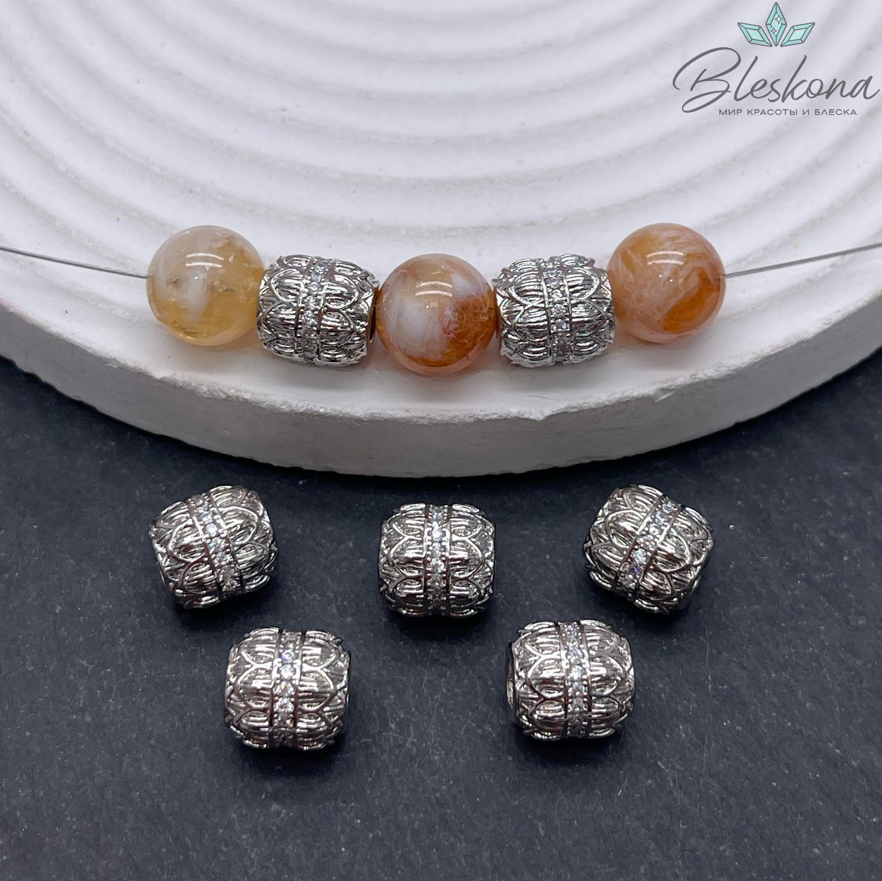 9,5*9 мм Цвет серебро, Бусина - разделитель бочонок с цирконами