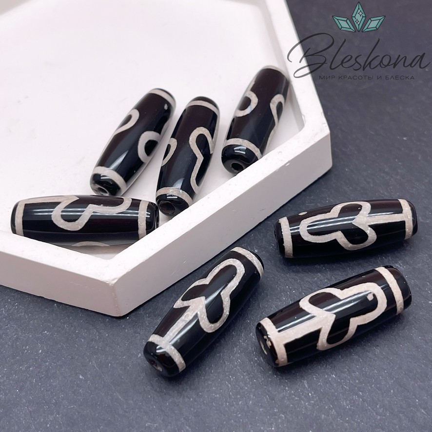 Бусина Дзи Бодха черно-белый бочонок 30*11 мм