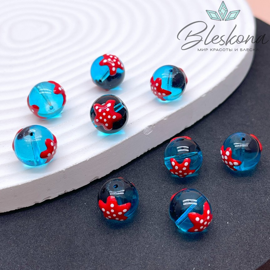 11 мм Бусина шар синий красная звезда