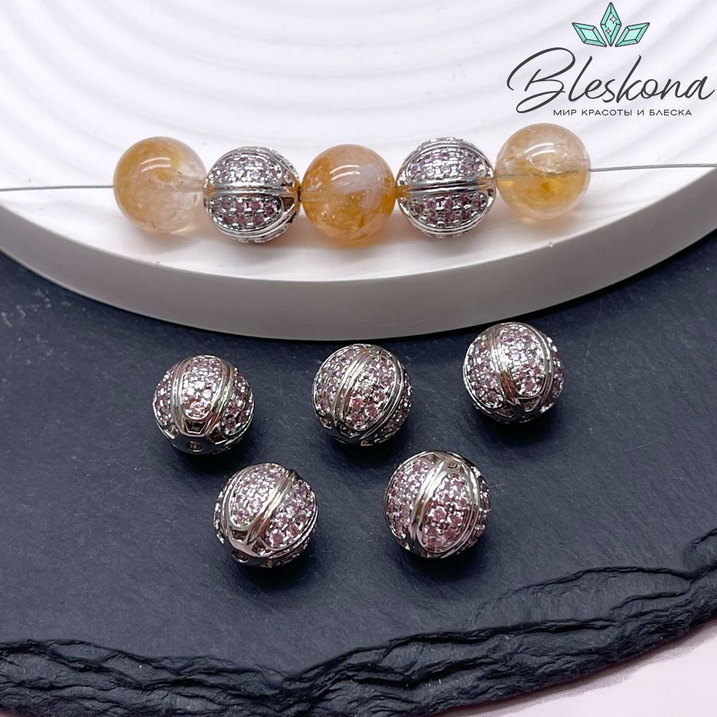 10,5 мм Цвет серебро, Бусина Арбуз цирконы розовые