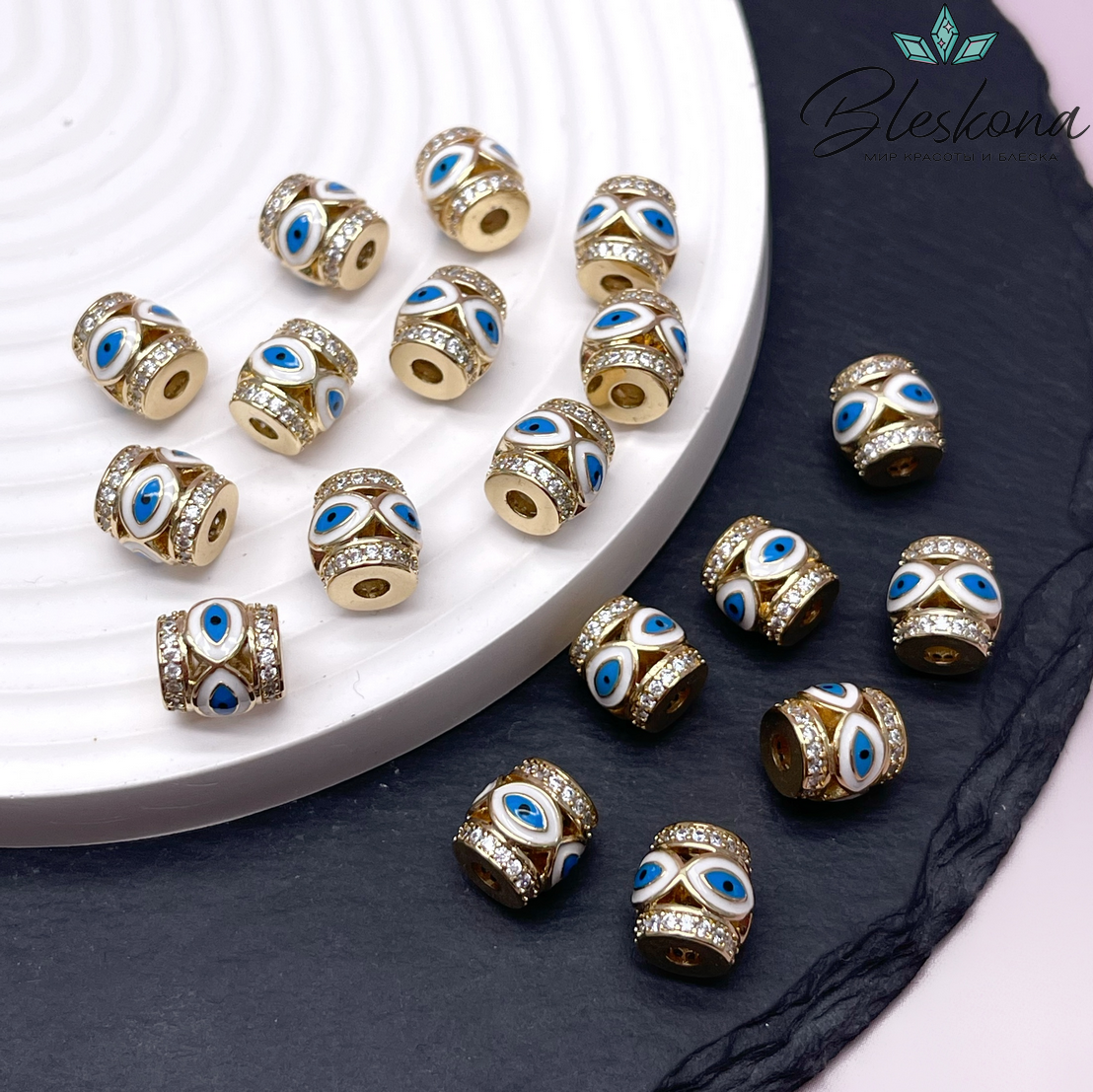 10*9,5 мм Цвет золото, Бусина бочонок глаза цирконы синяя эмаль