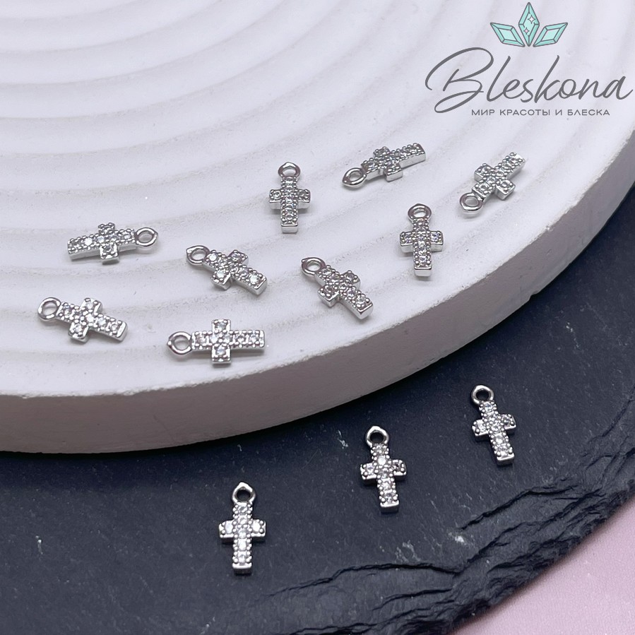 9*4,4 мм Цвет серебро, Крест мини с цирконами  