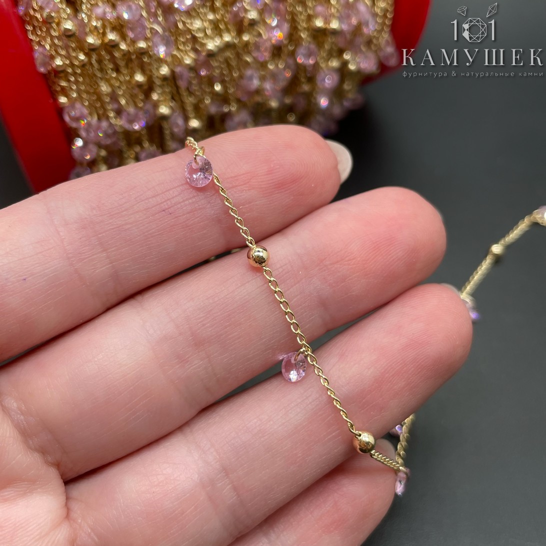 Цепь №206-1 цвет золото 2*1 мм шарик/розовый циркон