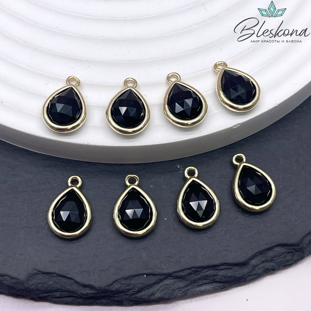 14*9,5 мм Цвет золото, Подвеска капля Черный Агат огранка