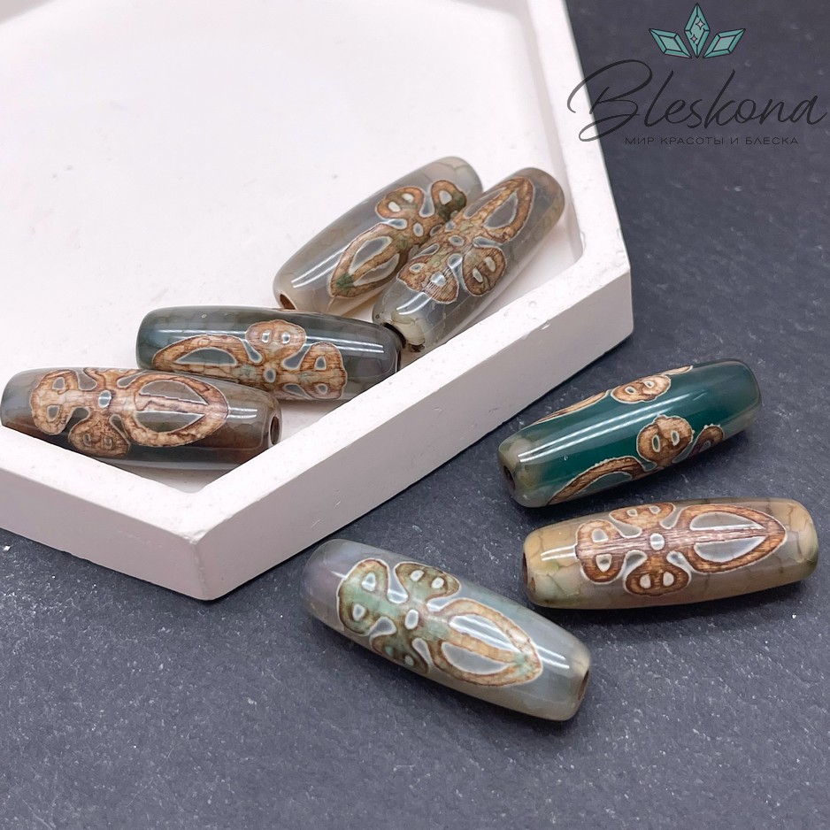 Бусина Дзи Кинжал Пурба (Пхурба) зелено-коричневый  бочонок 30*11 мм