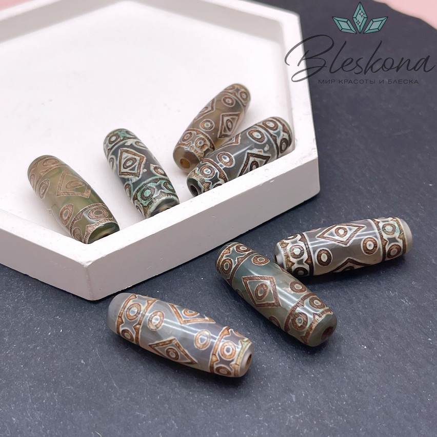 Бусина Дзи 19 глаз зелено-коричневый бочонок 30*11 мм